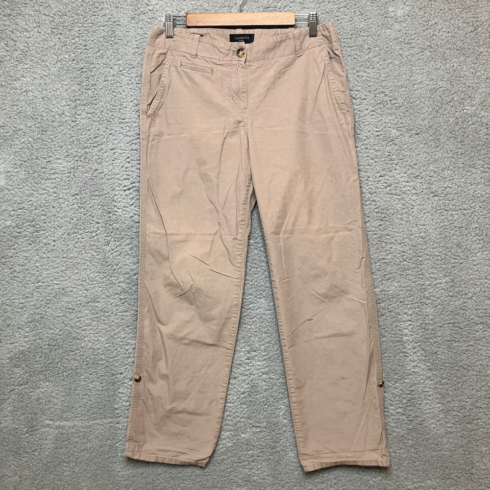 Talbots Boyfriend Khaki Pants‎ Women Petite 6P Roll Tab Button Business Casual